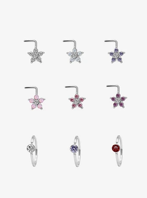 Steel Silver Multicolor Flower Nose Stud & Hoop 9 Pack