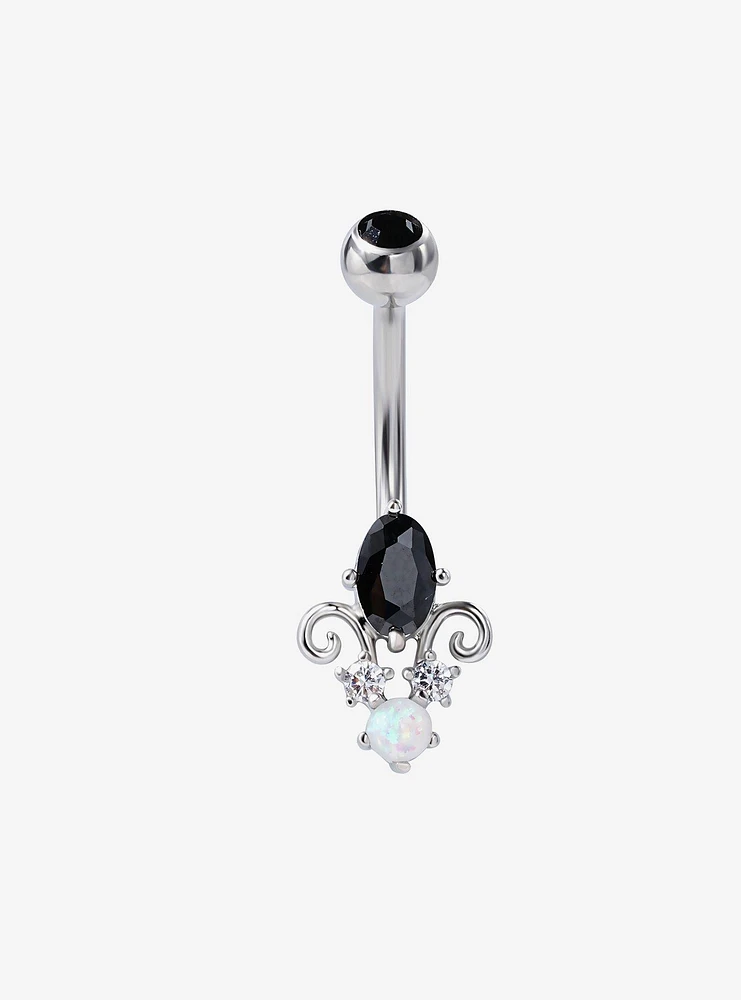 14G Steel Silver Black CZ Filigree Navel Barbell