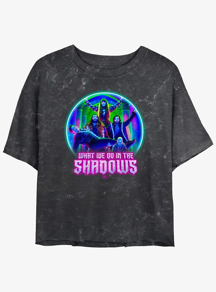 What We Do The Shadows Neon Group Pose Girls Mineral Wash Crop T-Shirt