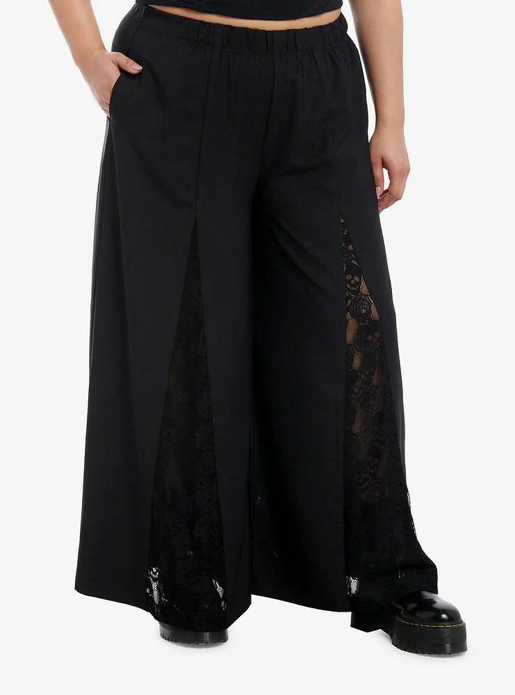 Black Lace Panel Girls Wide Leg Pants Plus