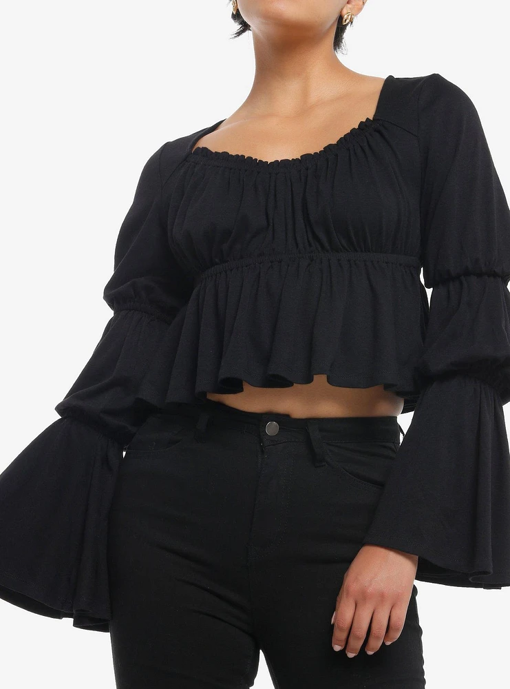 Thorn & Fable Black Ruched Bell Sleeve Girls Top