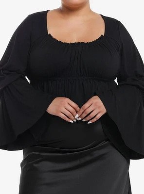 Thorn & Fable Black Ruched Bell Sleeve Girls Top Plus