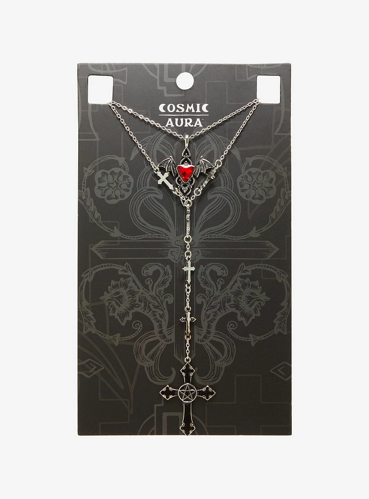 Cosmic Aura Bat Gem Cross Lariat Necklace Set