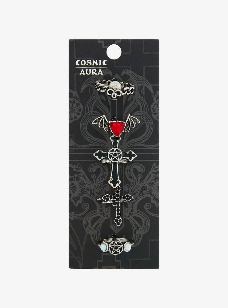 Comsic Aura Gothic Cross Skull Ring Set