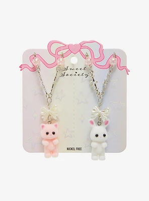 Sweet Society Flocked Cat Bunny Charm Best Friend Necklace Set