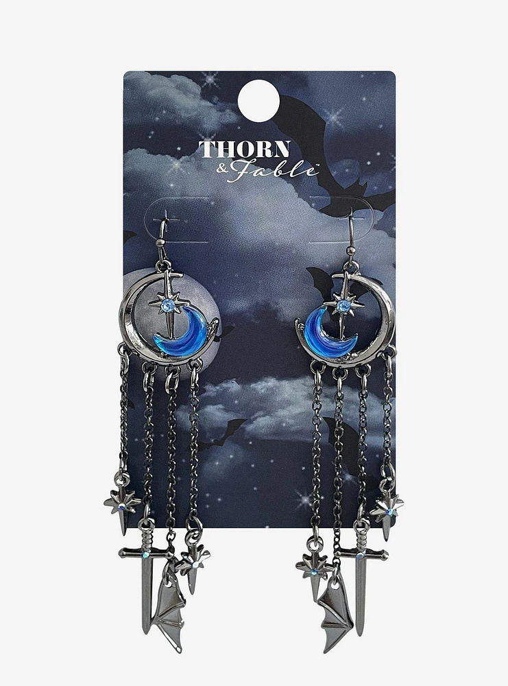 Thorn & Fable Crescent Moon Chain Drop Earrings