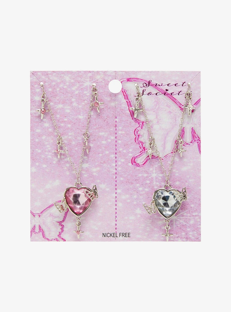 Sweet Society Heart Gem Butterfly Best Friend Necklace Set