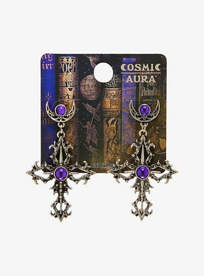 Cosmic Aura Ornate Cross Purple Gem Drop Earrings