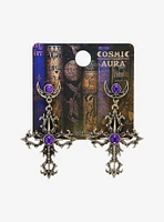 Cosmic Aura Ornate Cross Purple Gem Drop Earrings