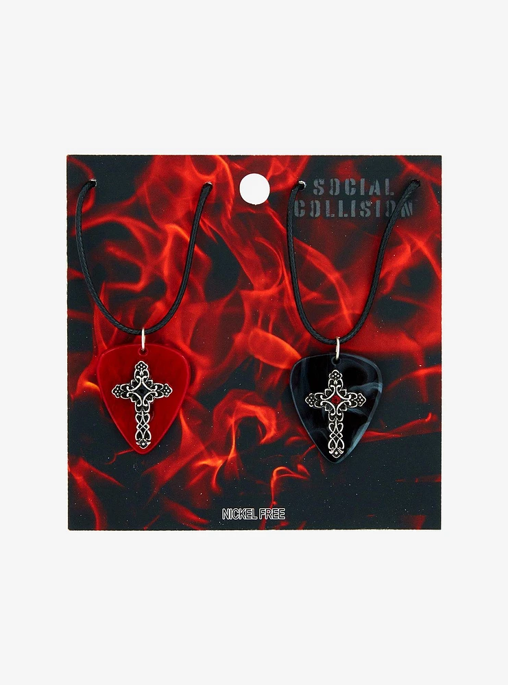 Social Collision Cross Guitar Pick Best Friend Cord Necklace Set