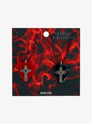 Social Collision Cross Guitar Pick Best Friend Cord Necklace Set