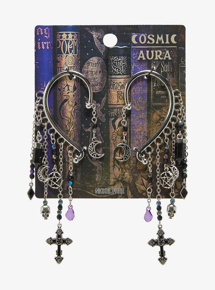 Cosmic Aura Cross Celestial Bead Chain Ear Cuffs