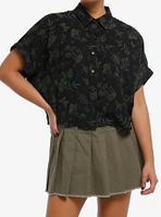 Cosmic Aura Black & Green Mushroom Girls Crop Woven Button-Up