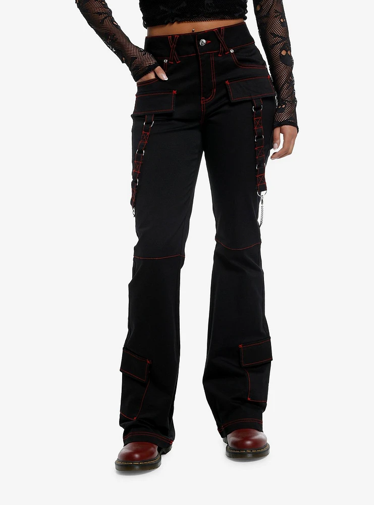 Black & Red Contrast Stitch Low-Rise Girls Cargo Flare Pants