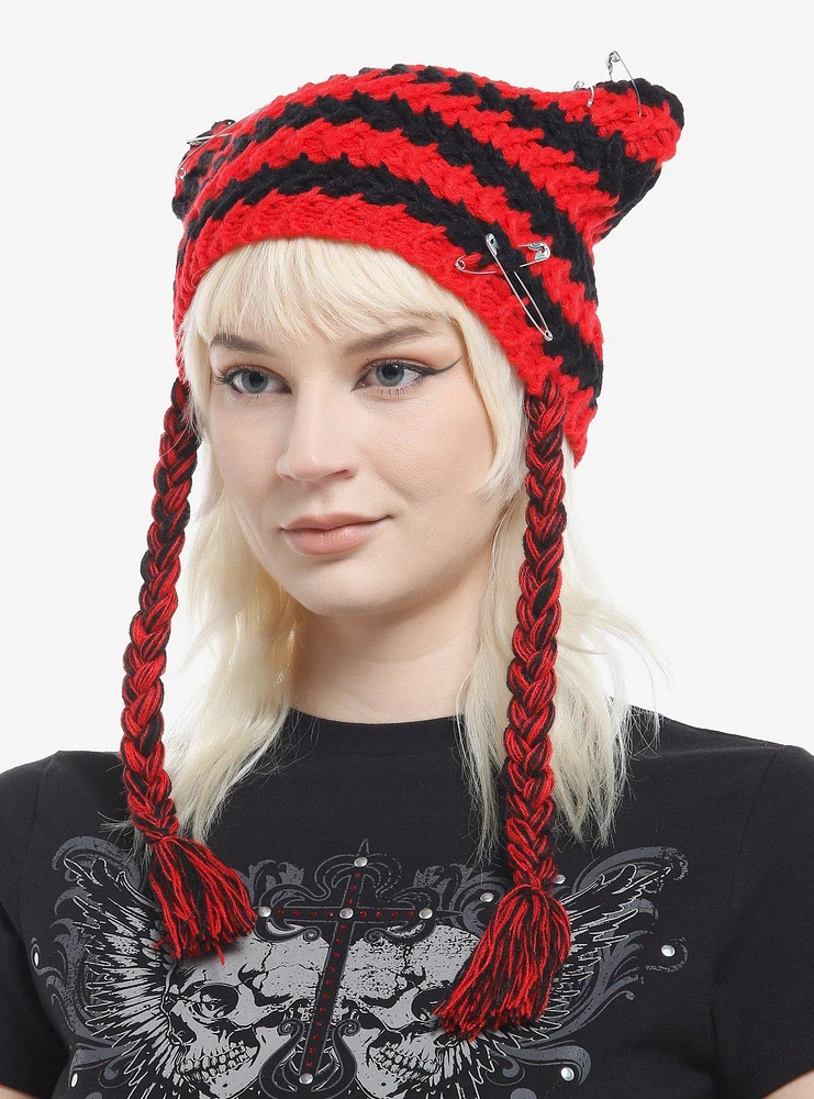 Red & Black Ear Safety Pin Tassel Beanie