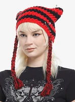 Red & Black Ear Safety Pin Tassel Beanie