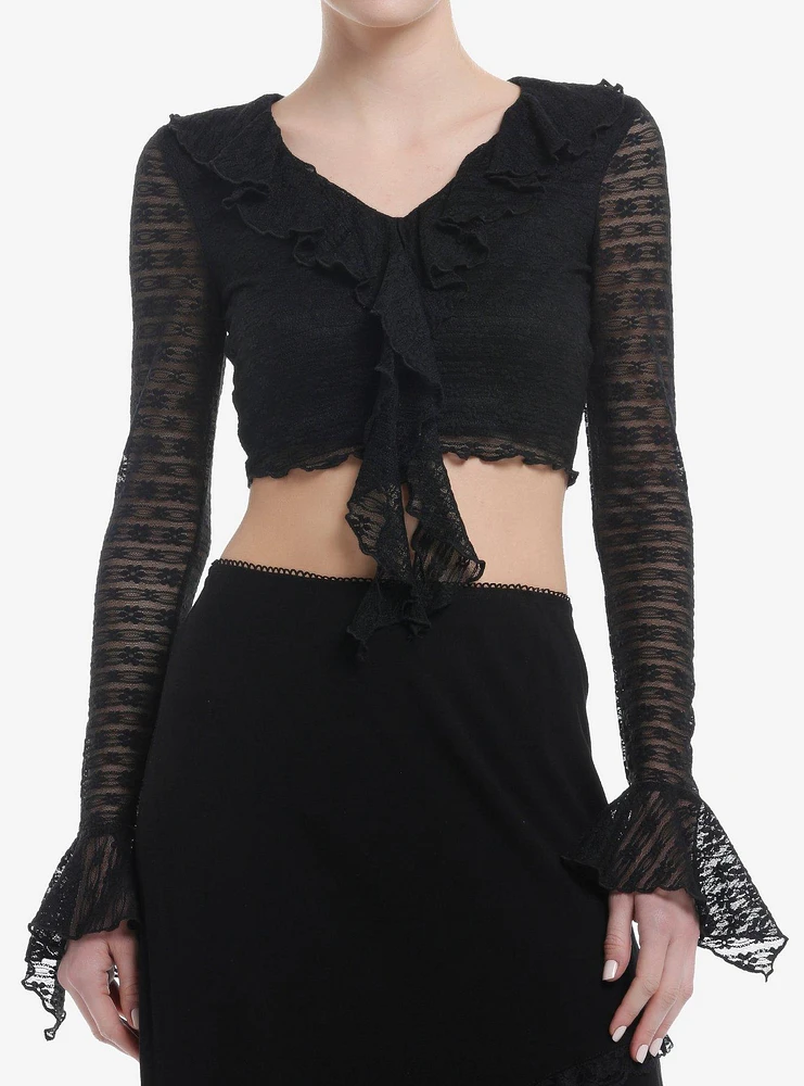 Black Flower Lace Ruffle Girls Crop Long-Sleeve Top