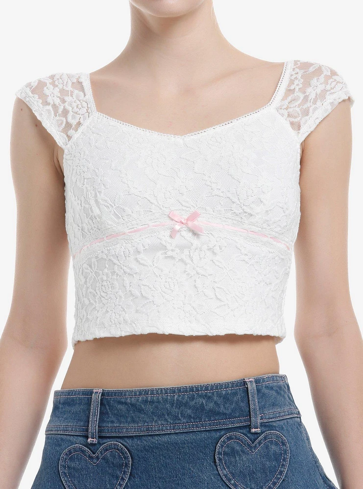 Sweet Society White Lace Pink Bow Girls Crop Tank Top