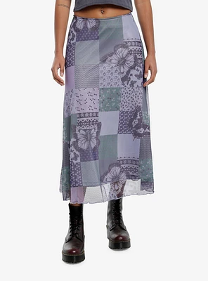 Thorn & Fable Purple Green Butterfly Patchwork Mesh Midi Skirt