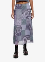 Thorn & Fable Purple Green Butterfly Patchwork Mesh Midi Skirt