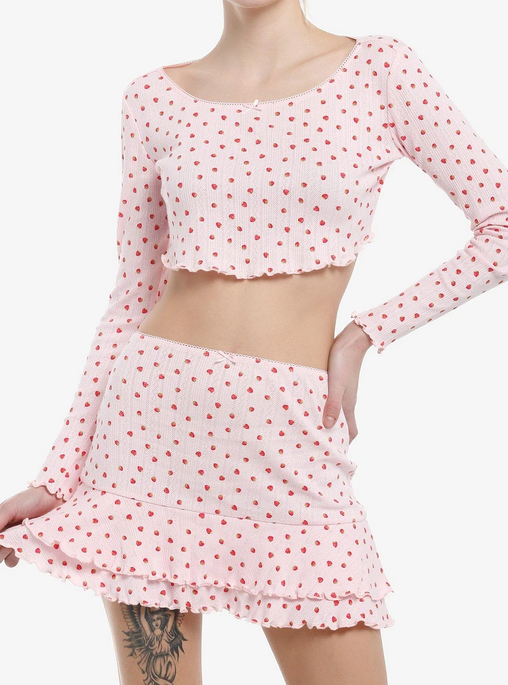 Sweet Society Pink Strawberry Print Girls Crop Long-Sleeve Top & Skirt Set