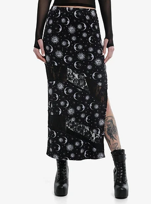 Cosmic Aura Black & White Celestial Lace Midi Skirt