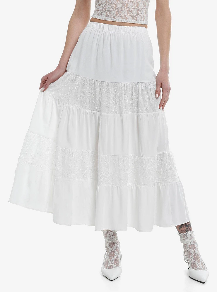 Sweet Society White Lace Tiered Maxi Skirt