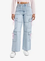 Light Indigo Pink Bow Cargo Denim Pants