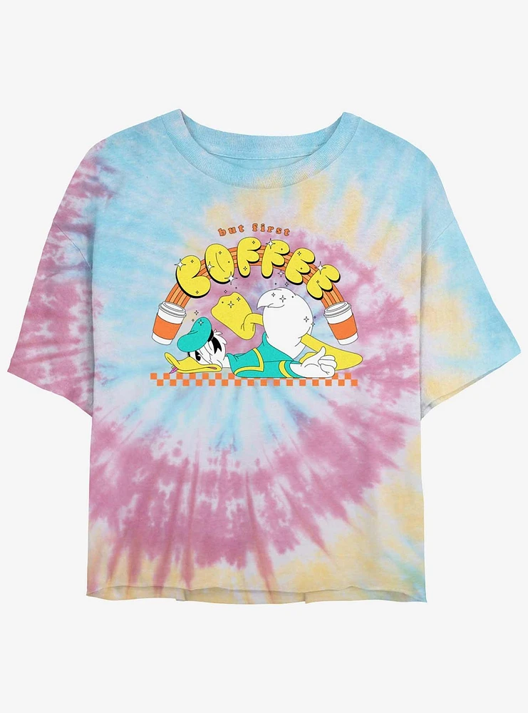 Disney Donald Duck But First Coffee Girls Tie-Dye Crop T-Shirt