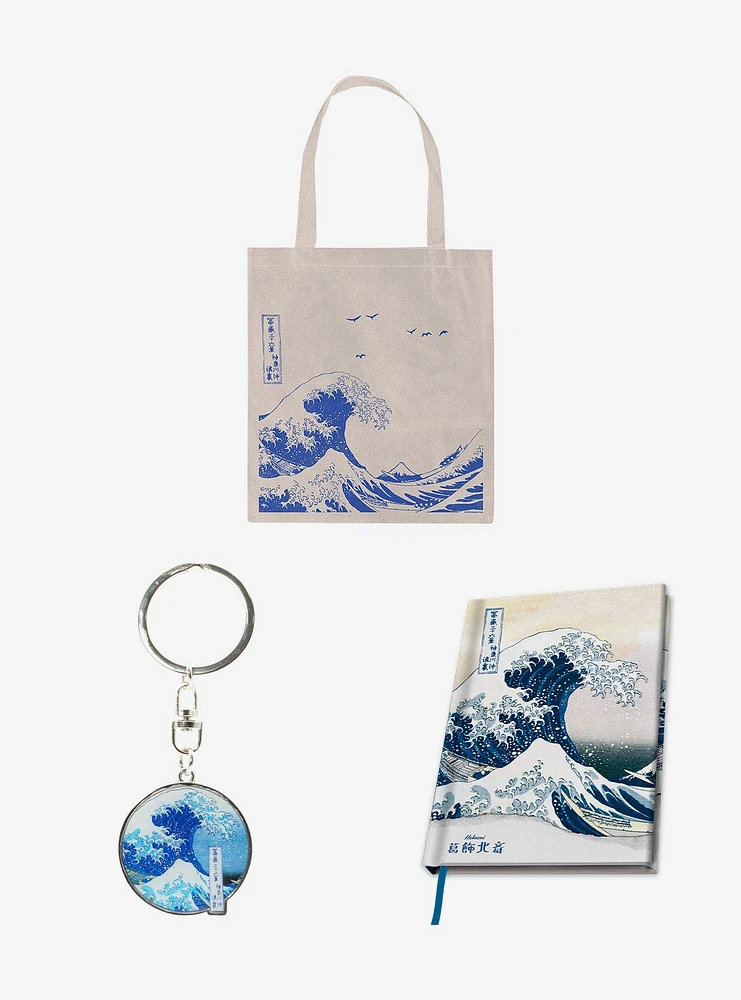 Hokusai Tote Bag Keychain & Notebook Bundle