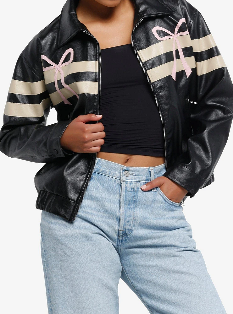 Black & Cream Stripe Bow Girls Faux Leather Jacket