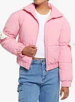 Bubblegum Pink White Bow Girls Puffer Jacket