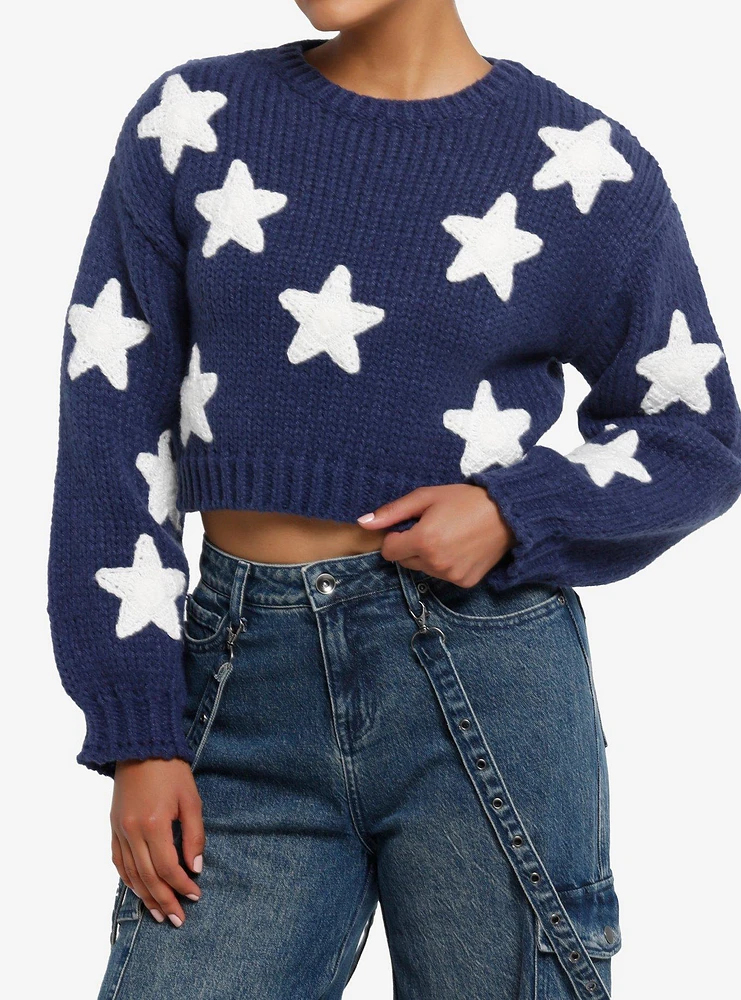 Navy & White Star Girls Crop Knit Sweater