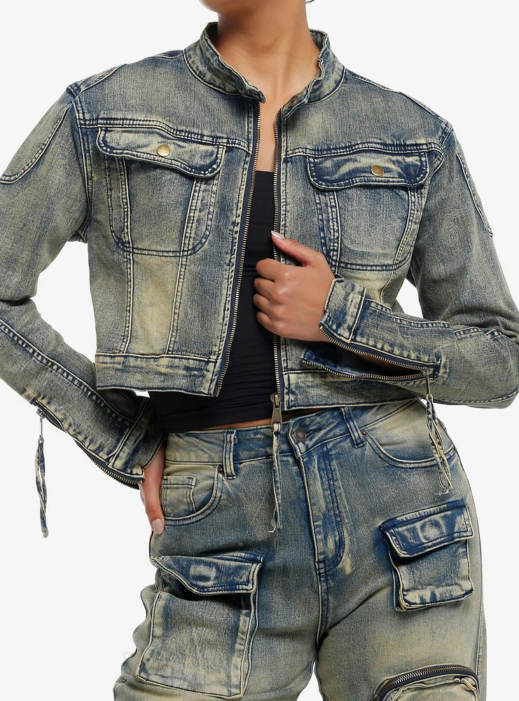 Vintage Wash Girls Crop Denim Jacket