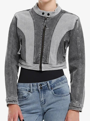 Grey Color-Block Denim Girls Crop Moto Jacket