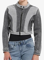 Grey Color-Block Denim Girls Crop Moto Jacket