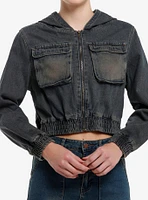 Dark Blue Vintage Wash Hooded Girls Crop Denim Jacket