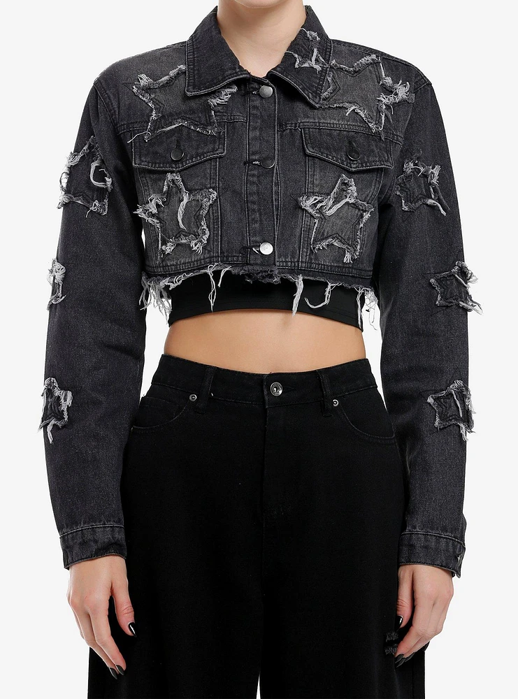 Black Wash Star Patch Extreme Girls Crop Denim Jacket