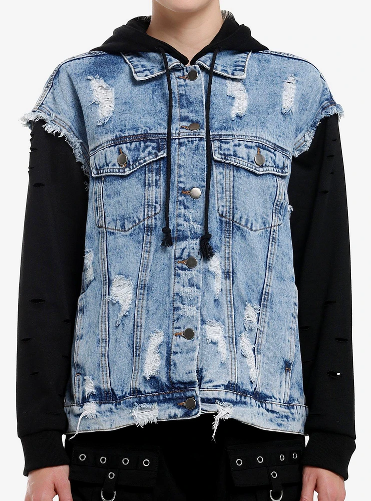 Light Indigo & Black Destructed Girls Twofer Jacket