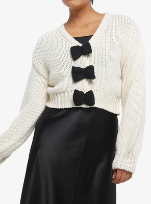 Cream & Black Bow Girls Crop Cardigan