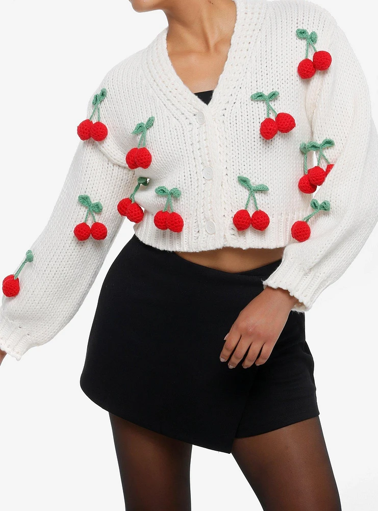 Cherries Knit Cream Girls Crop Cardigan