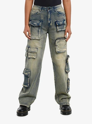 Vintage Wash Cargo Pocket Wide Leg Denim Pants