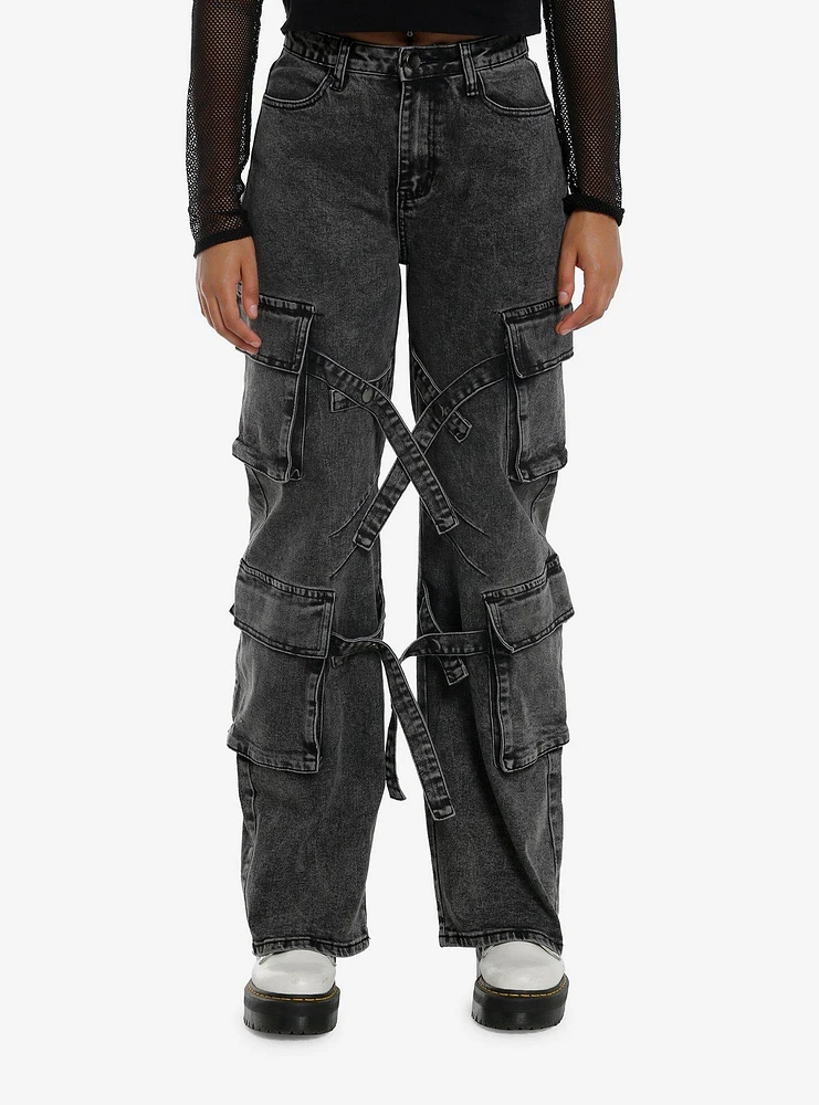 Black Acid Wash Strappy Cargo Denim Pants