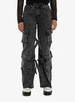 Black Acid Wash Strappy Cargo Denim Pants