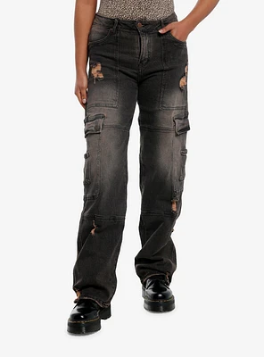 Black Vintage Wash Cargo Destructed Denim Pants