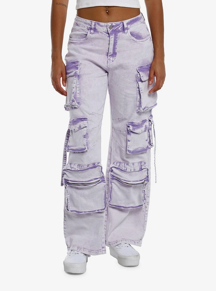 Lavender Acid Wash Multi-Pocket Cargo Pants