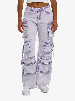 Lavender Acid Wash Multi-Pocket Cargo Pants