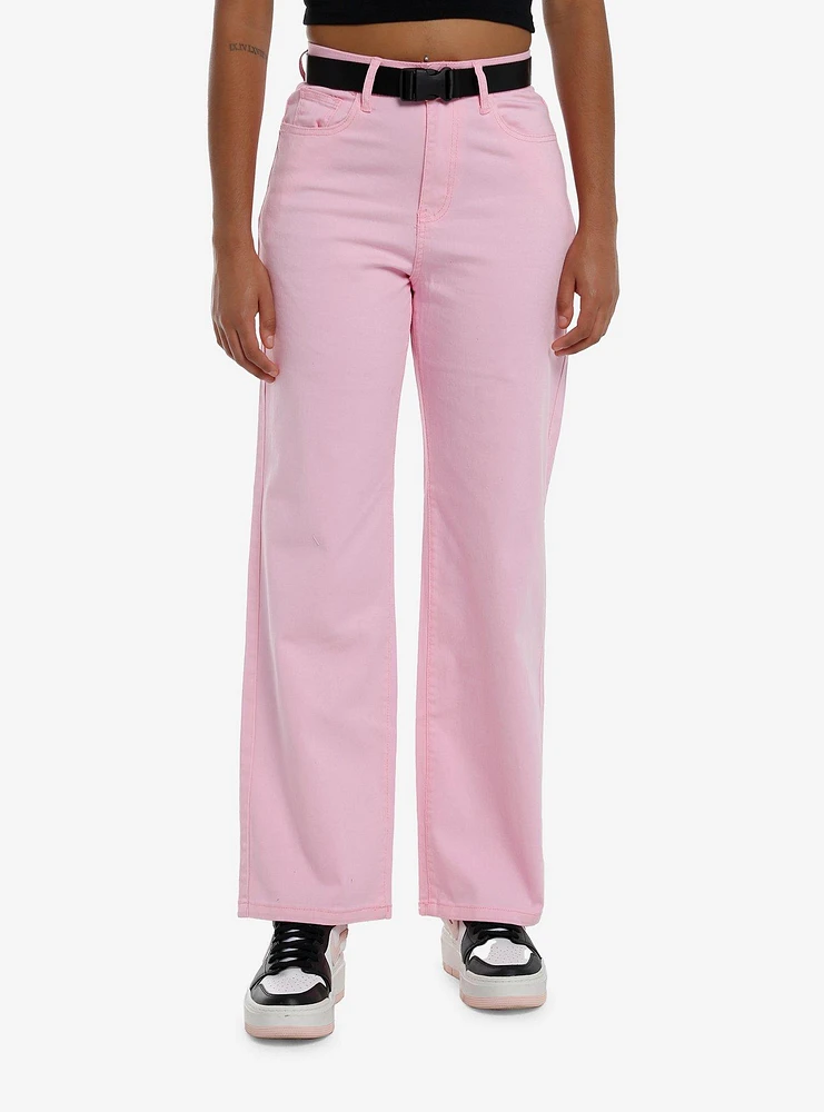 Pink Wide Leg Carpenter Pants With Belt