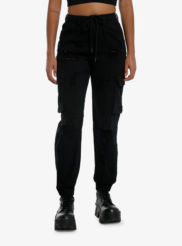 Black Destructed Cargo Jogger Pants