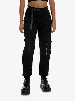 Black Cargo Pocket Utility Jogger Pants With Belt